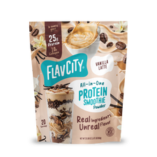 Pouch of Shop FlavCity Vanilla Latte Protein Smoothie powder featuring images of a latte and a layered smoothie, stating 25g of protein and 10g of collagen per serving.