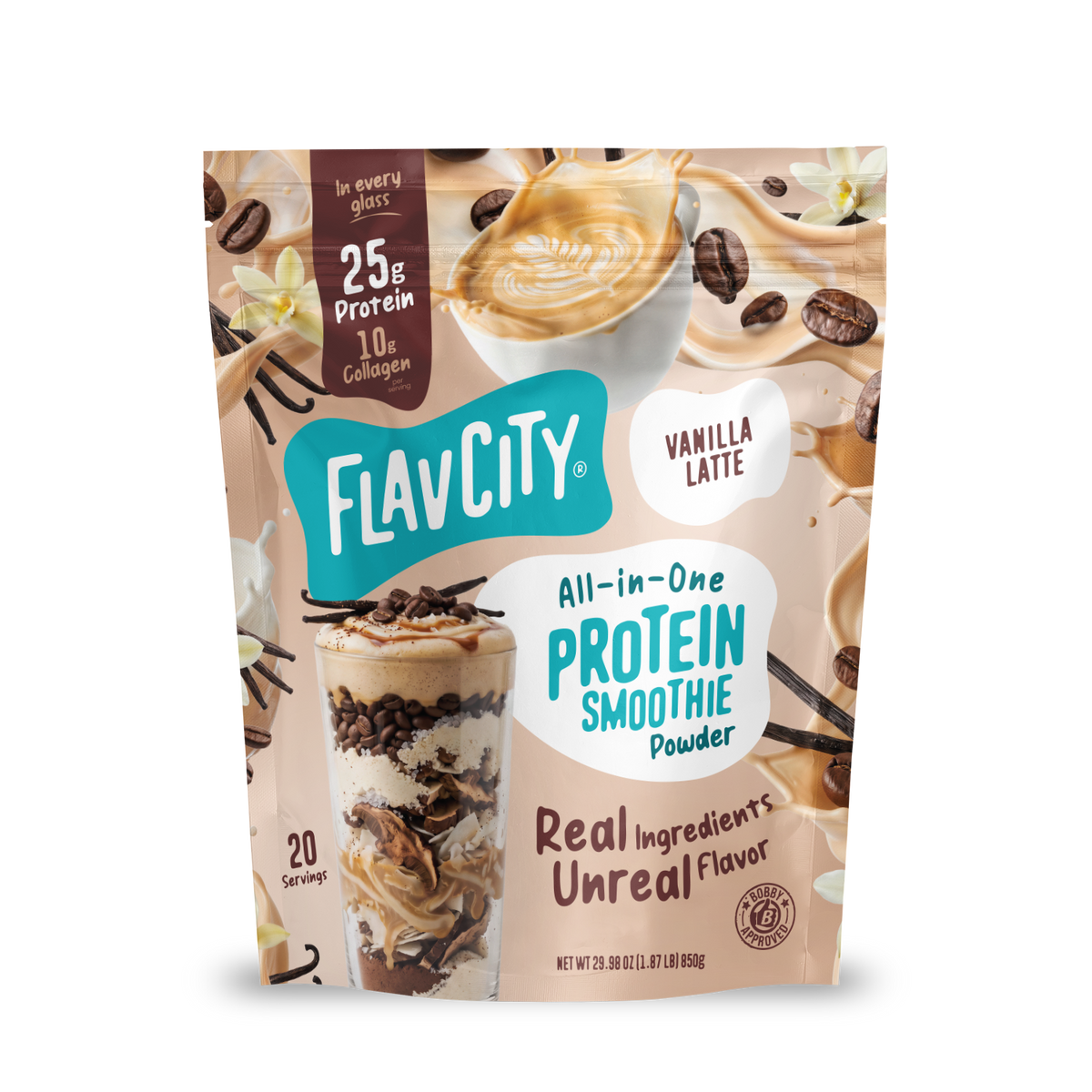 Pouch of Shop FlavCity Vanilla Latte Protein Smoothie powder featuring images of a latte and a layered smoothie, stating 25g of protein and 10g of collagen per serving.