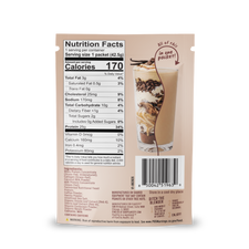 Shop FlavCity Protein Smoothie Single-Serve Vanilla Latte packet featuring a nutrition facts label, ingredient list, barcode, and an illustration of an iced coffee drink.