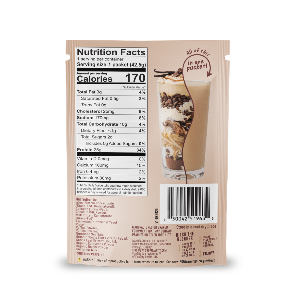 Shop FlavCity Protein Smoothie Single-Serve Vanilla Latte packet featuring a nutrition facts label, ingredient list, barcode, and an illustration of an iced coffee drink.