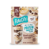 Shop FlavCity Protein Smoothie Single-Serve Vanilla Latte packet featuring 25g of protein, 10g of collagen, and graphics of a latte, coffee beans, and vanilla flowers.