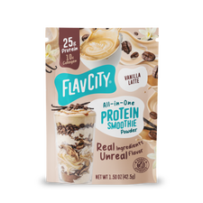 Shop FlavCity Protein Smoothie Single-Serve Vanilla Latte packet featuring 25g of protein, 10g of collagen, and graphics of a latte, coffee beans, and vanilla flowers.