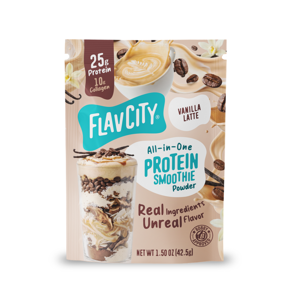 Shop FlavCity Protein Smoothie Single-Serve Vanilla Latte packet featuring 25g of protein, 10g of collagen, and graphics of a latte, coffee beans, and vanilla flowers.