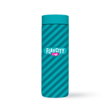 The FlavCity Cafe Hot Tumbler 16oz is teal with diagonal dark teal stripes and a white and pink logo, featuring a leakproof lid. It's shown against a plain white background.