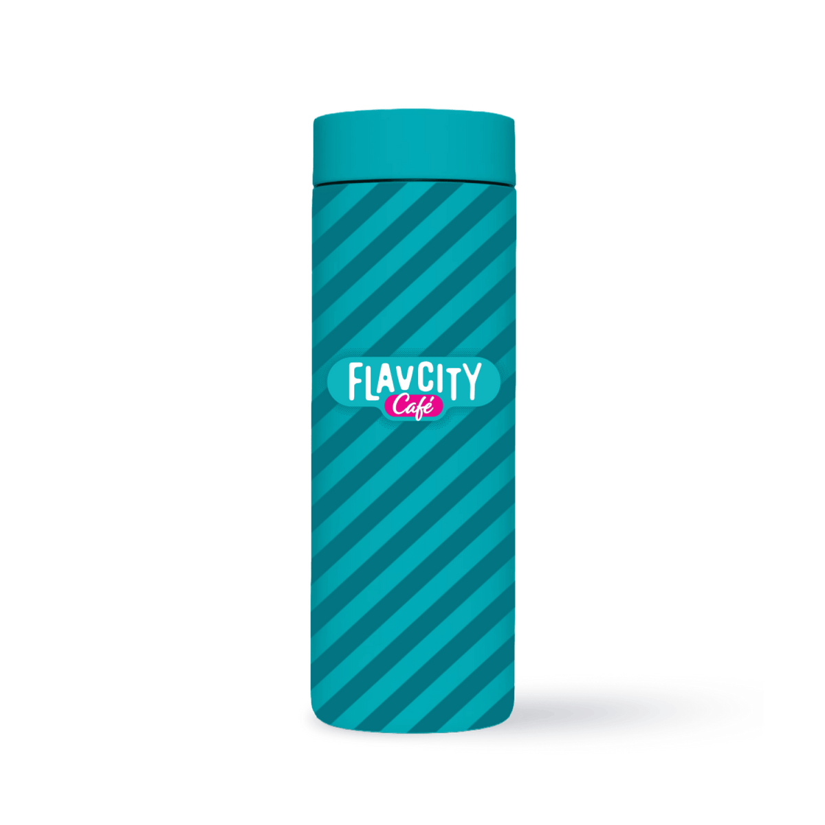 The FlavCity Cafe Hot Tumbler 16oz is teal with diagonal dark teal stripes and a white and pink logo, featuring a leakproof lid. It's shown against a plain white background.