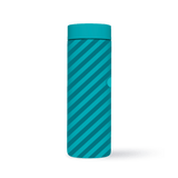 A teal-colored, cylindrical water bottle with diagonal dark teal stripes, standing upright on a light background.