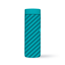 A teal-colored, cylindrical water bottle with diagonal dark teal stripes, standing upright on a light background.