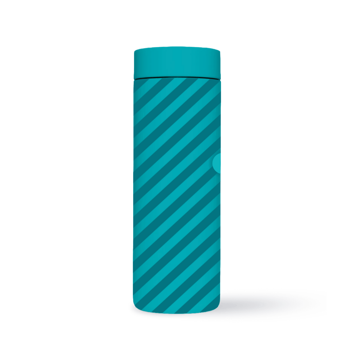 A teal-colored, cylindrical water bottle with diagonal dark teal stripes, standing upright on a light background.