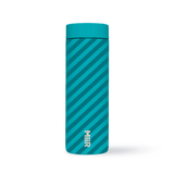 A turquoise reusable water bottle with diagonal stripes and a matching lid, featuring the MiiR logo in white near the base, displayed against a plain white background.