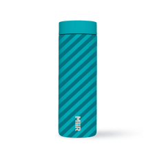 A turquoise reusable water bottle with diagonal stripes and a matching lid, featuring the MiiR logo in white near the base, displayed against a plain white background.