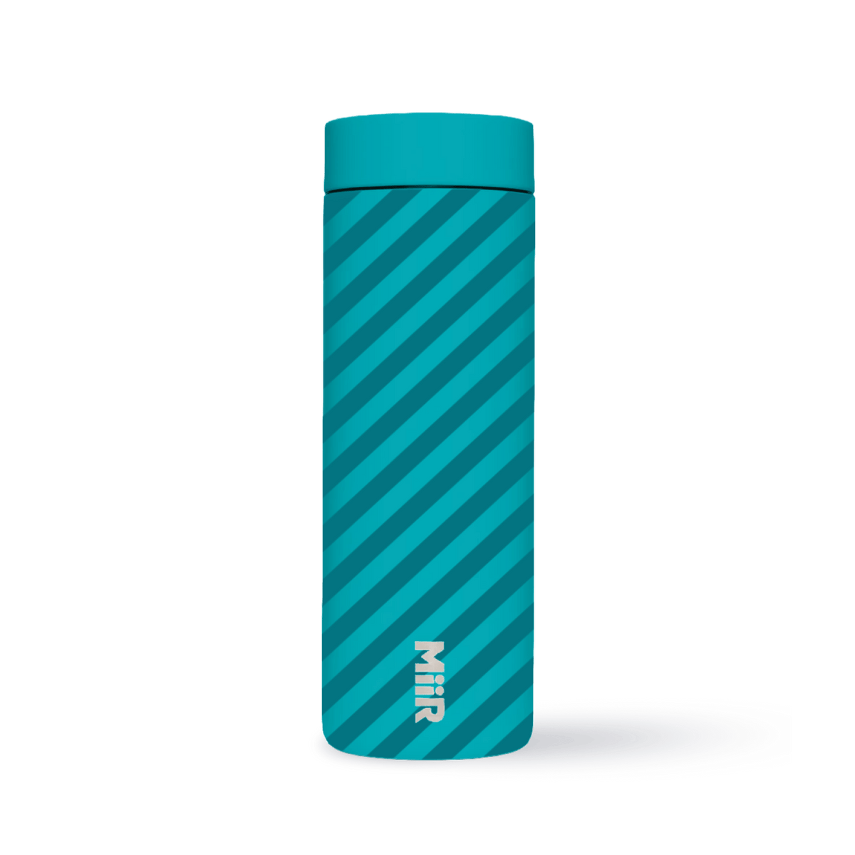 A turquoise reusable water bottle with diagonal stripes and a matching lid, featuring the MiiR logo in white near the base, displayed against a plain white background.