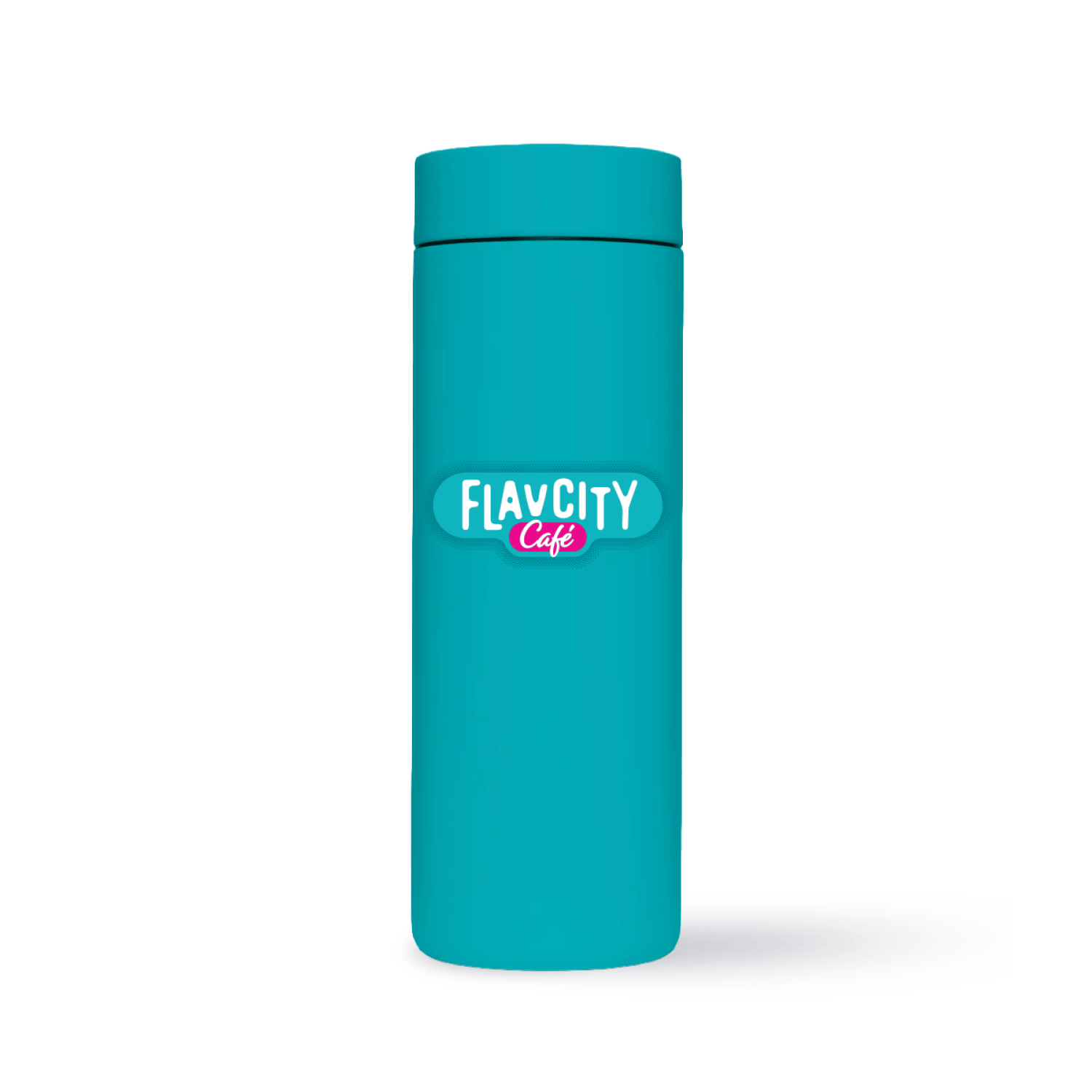 The FlavCity Cafe Hot Tumbler 16oz is a tall, teal insulated tumbler with a matching leakproof lid and the FlavCity Cafe logo in white and pink on the front, shown against a plain white background.