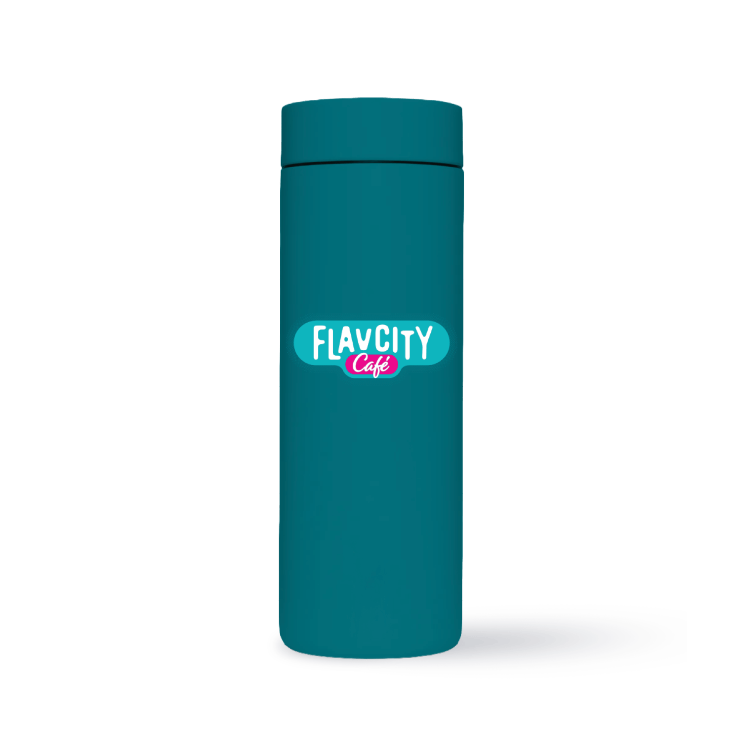 The Hot Tumbler 16oz by FlavCity Cafe is a teal insulated tumbler with a leakproof lid. The front shows the FlavCity Cafe logo in white and pink, all set against a plain light background.