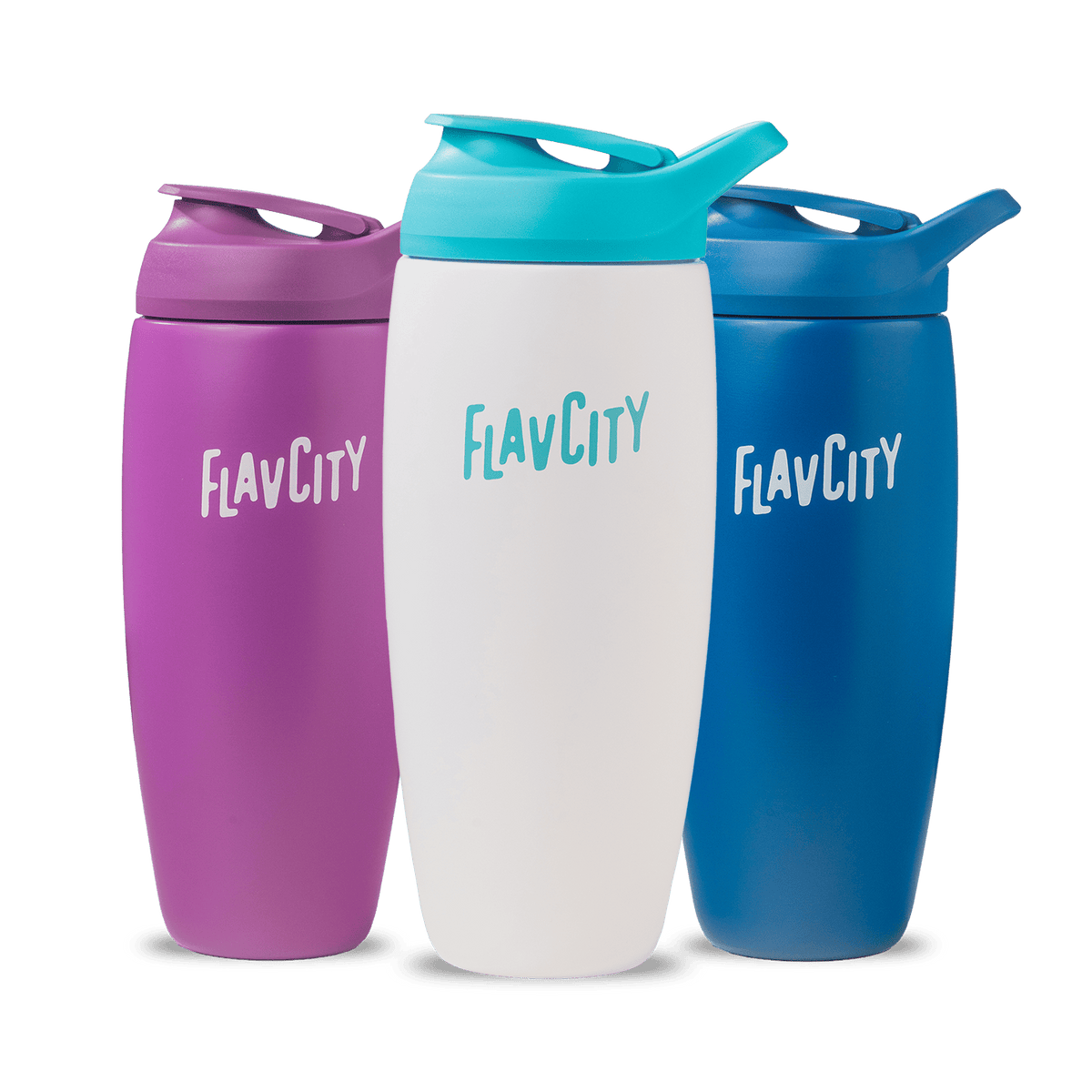 Three reusable shaker bottles in purple, white, and blue, each with a matching flip-top lid and the word “FlavCity” printed on the front, are standing side by side against a white background.