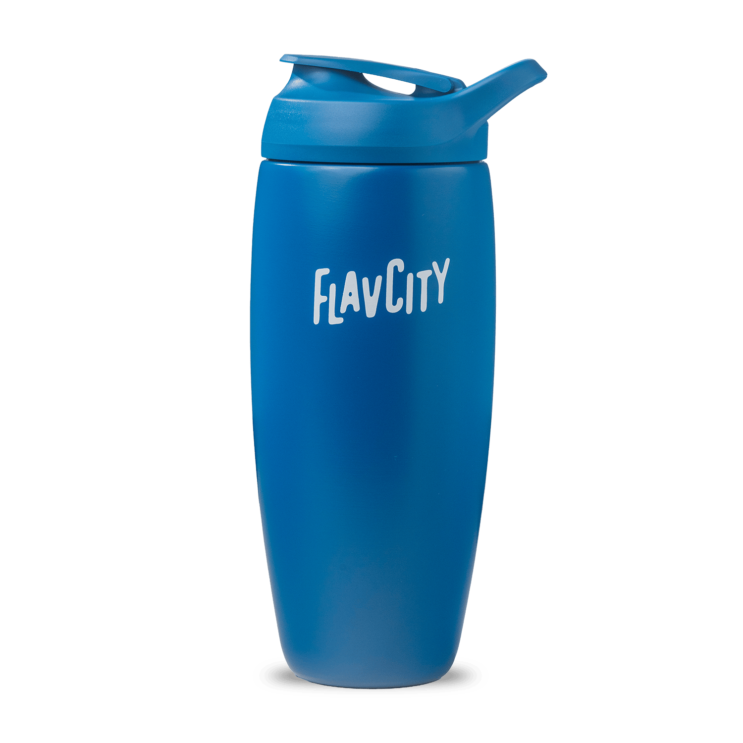 The Shop FlavCity Shaker Bottle is a blue insulated water bottle with a flip-top lid and FLAVCITY in white on the front, ideal for mixing smooth shakes. Pictured against a plain white background.