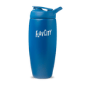 The Shop FlavCity Shaker Bottle is a blue insulated water bottle with a flip-top lid and FLAVCITY in white on the front, ideal for mixing smooth shakes. Pictured against a plain white background.