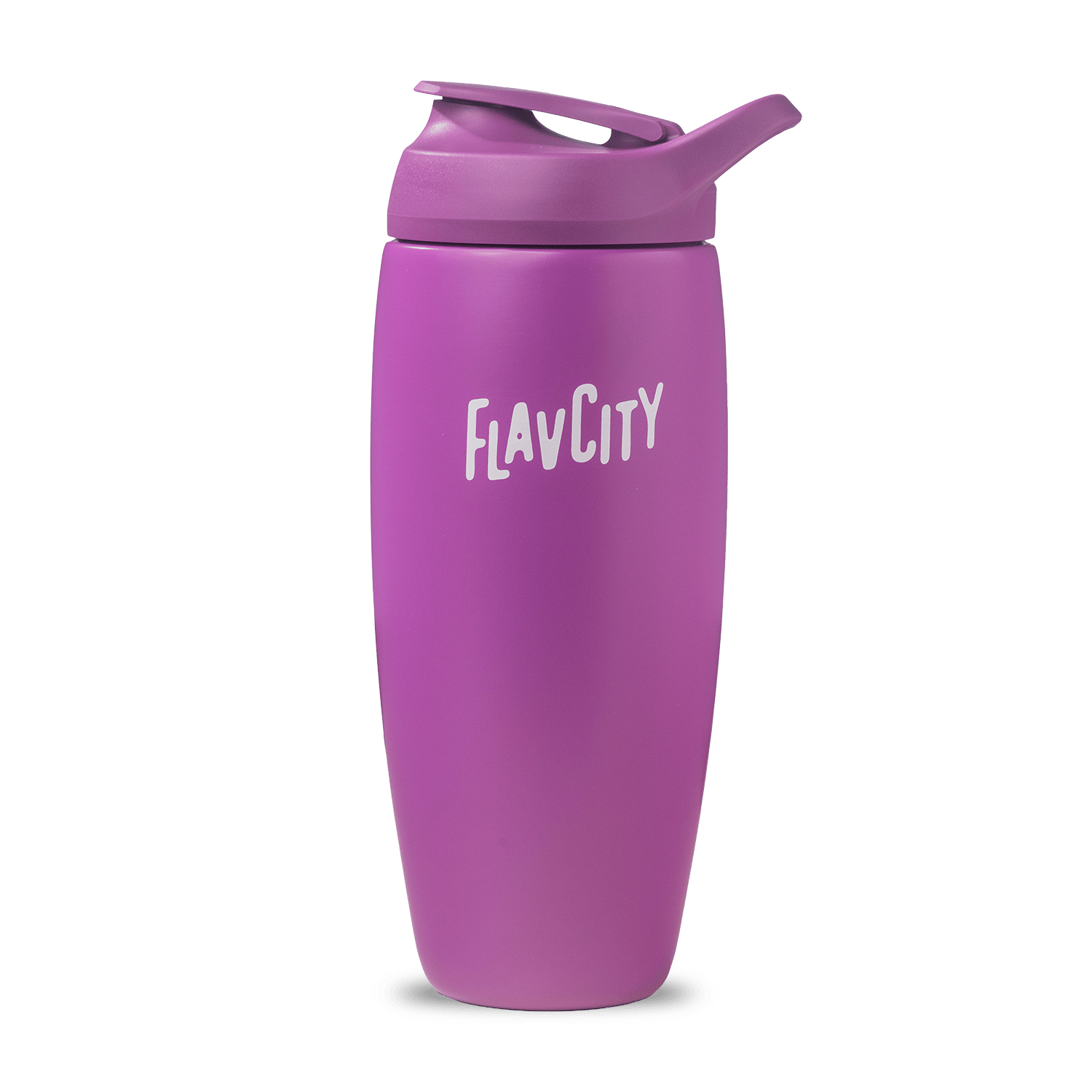 Shop FlavCity's purple Shaker Bottle features insulation, a flip-top lid, and "FLAVCITY" in white on the front—perfect for cold drinks and smooth, lump-free shakes on the go.