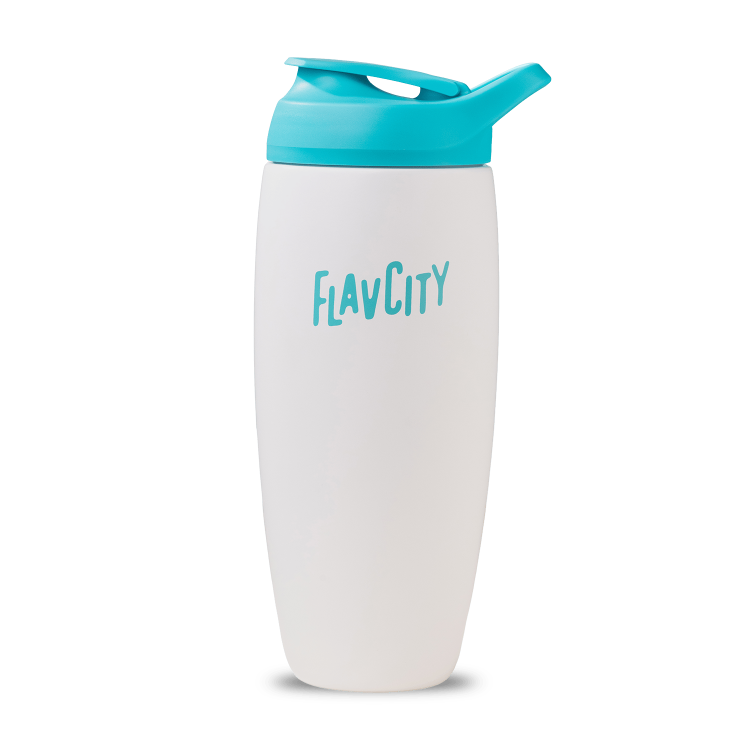 The Shop FlavCity Shaker Bottle is a white insulated water bottle with a blue flip-top lid and "FlavCity" printed in blue, ideal for lump-free shakes, shown against a plain white background.