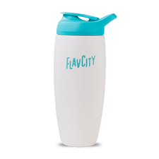 The Shop FlavCity Shaker Bottle is a white insulated water bottle with a blue flip-top lid and "FlavCity" printed in blue, ideal for lump-free shakes, shown against a plain white background.
