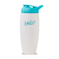 The Shop FlavCity Shaker Bottle is a white insulated water bottle with a blue flip-top lid and "FlavCity" printed in blue, ideal for lump-free shakes, shown against a plain white background.