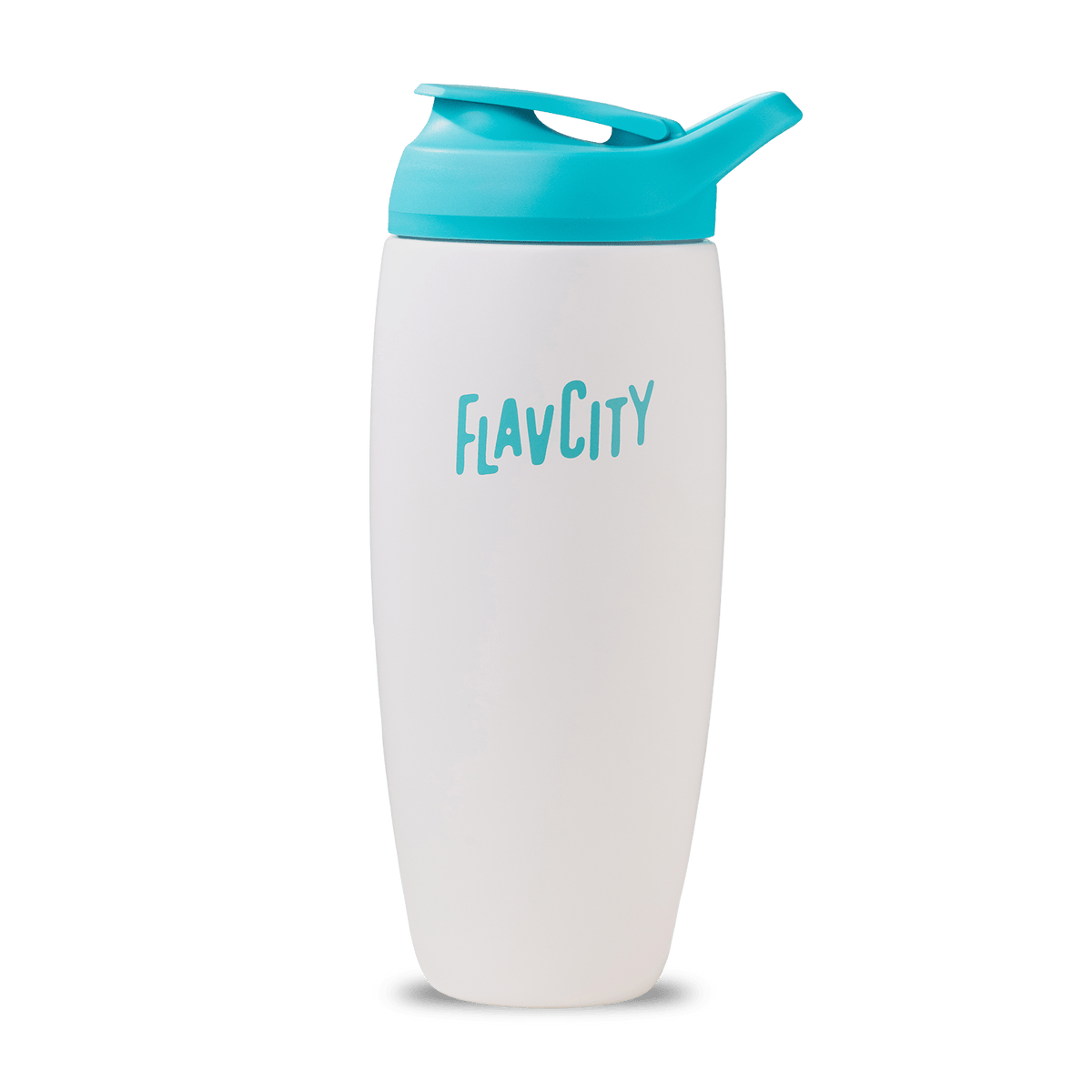 The Shop FlavCity Shaker Bottle is a white insulated water bottle with a blue flip-top lid and "FlavCity" printed in blue, ideal for lump-free shakes, shown against a plain white background.