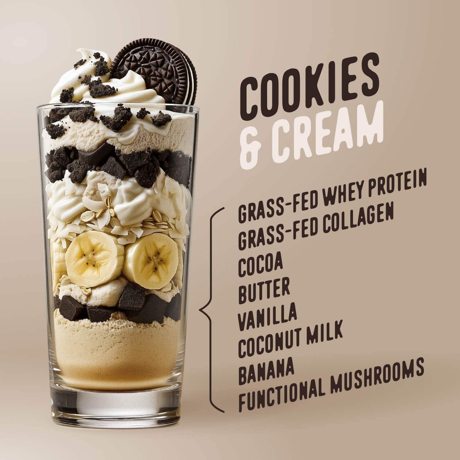 A glass of Shop FlavCity’s Cookies & Cream Protein Smoothie—layered and topped with whipped cream, banana slices, cookie pieces, and a whole cookie—sits beside key ingredients like whey protein, collagen, cocoa, banana, and coconut milk.