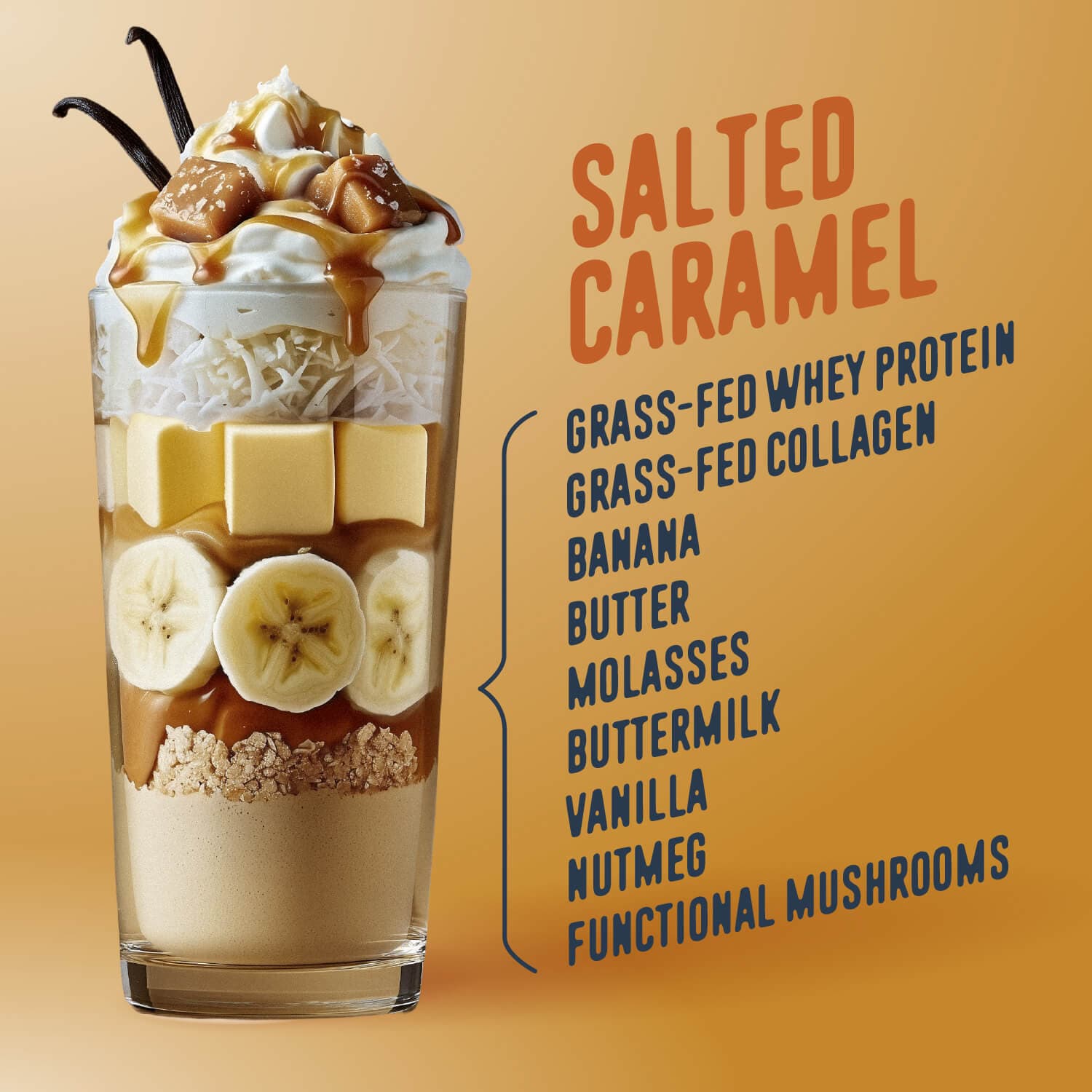 A tall glass layered with vanilla cream, banana, caramel sauce, butter, and cookie crumbles, topped with whipped cream and vanilla beans—a delicious Salted Caramel Protein Smoothie by Shop FlavCity made with Collagen Protein.