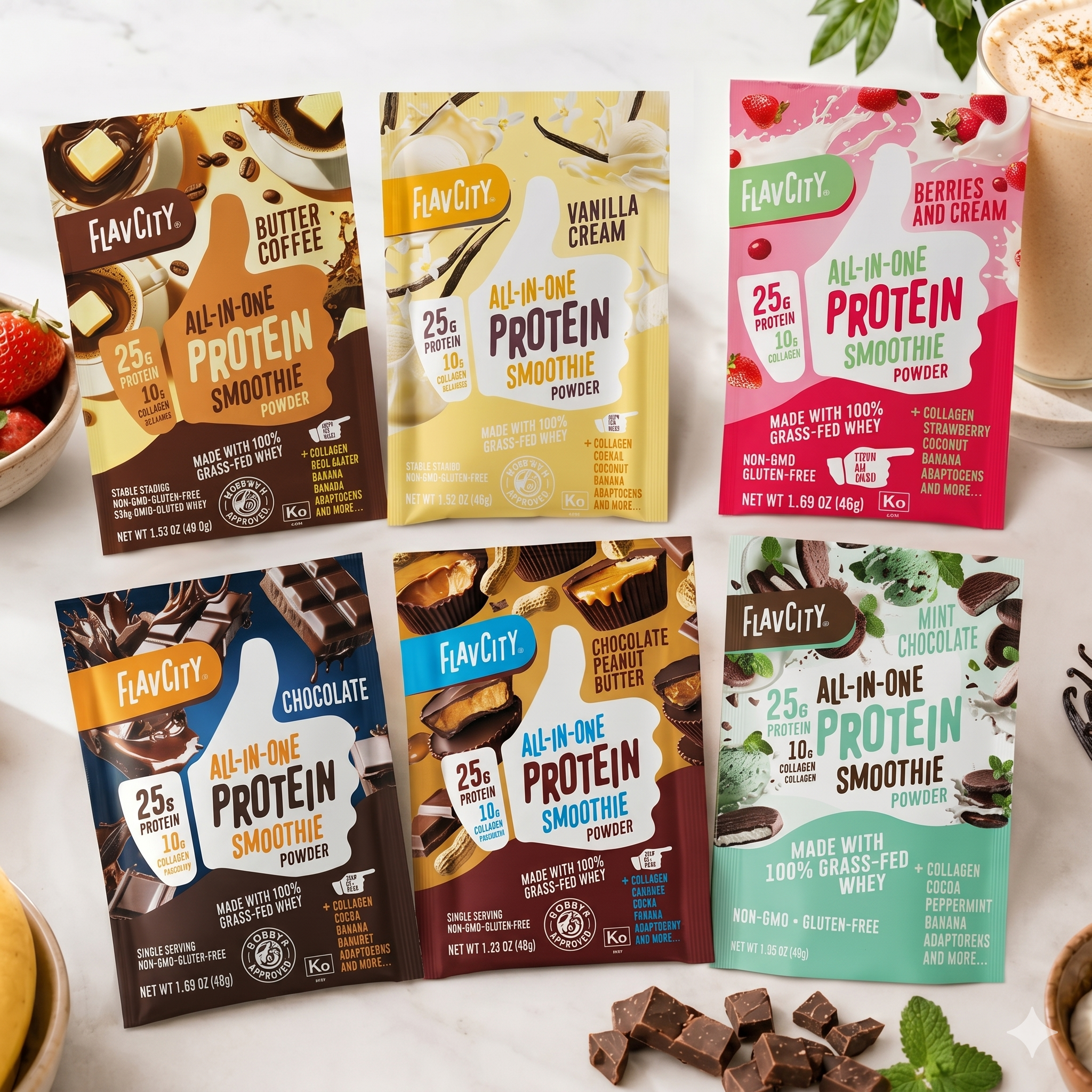 Six Shop FlavCity All-In-One Protein Smoothie Packets are arranged on a table with chocolate pieces and strawberries, showcasing flavors like Butter Coffee, Vanilla Cream, and Chocolate, and featuring grass-fed whey protein.