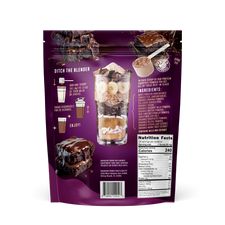 Back of FlavCity Brownie Batter protein smoothie powder package showing nutrition facts, preparation instructions, and chocolate brownie imagery on purple background. Contains 25g protein, 10g collagen per serving.