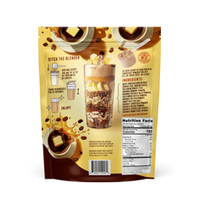FlavCity all-in-one protein smoothie powder package back showing nutritional information, ingredients list, and preparation instructions with illustration of layered butter coffee smoothie. Contains 180 calories per serving and 25g protein.
