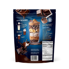 FlavCity all-in-one chocolate protein smoothie powder package back displaying nutritional facts, ingredient list, and step-by-step mixing instructions with image of layered chocolate banana smoothie. Shows 220 calories per serving.
