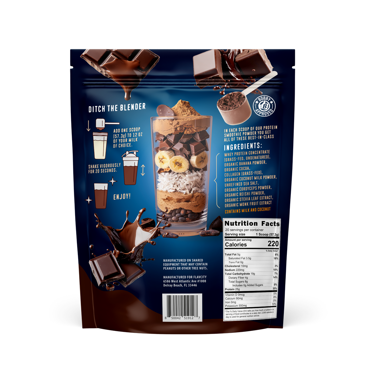 FlavCity all-in-one chocolate protein smoothie powder package back displaying nutritional facts, ingredient list, and step-by-step mixing instructions with image of layered chocolate banana smoothie. Shows 220 calories per serving.