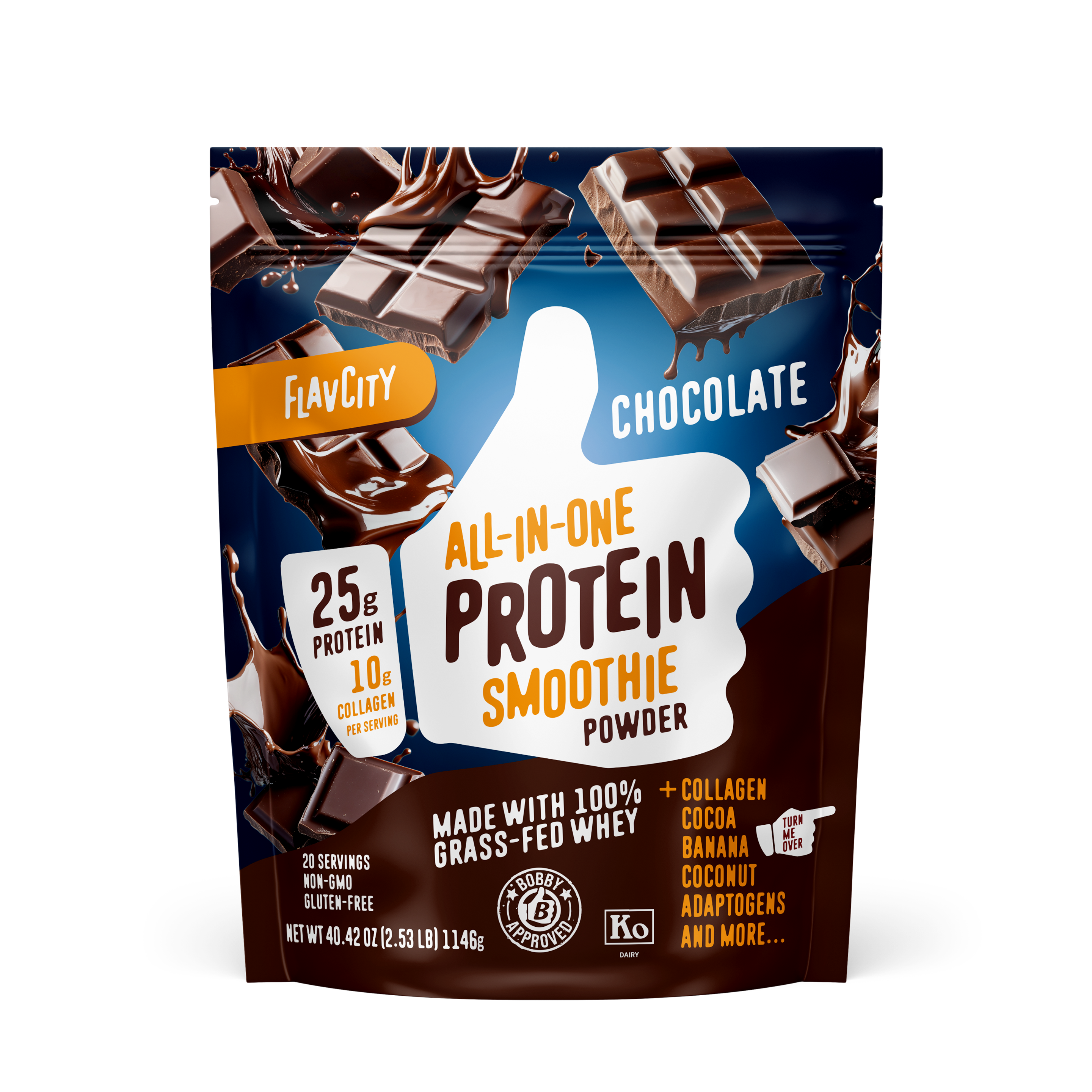 FlavCity chocolate protein smoothie powder package front with breaking chocolate bars imagery. Features 25g protein, 10g collagen per serving, made with grass-fed whey and cocoa on dark blue background with chocolate splash effects.