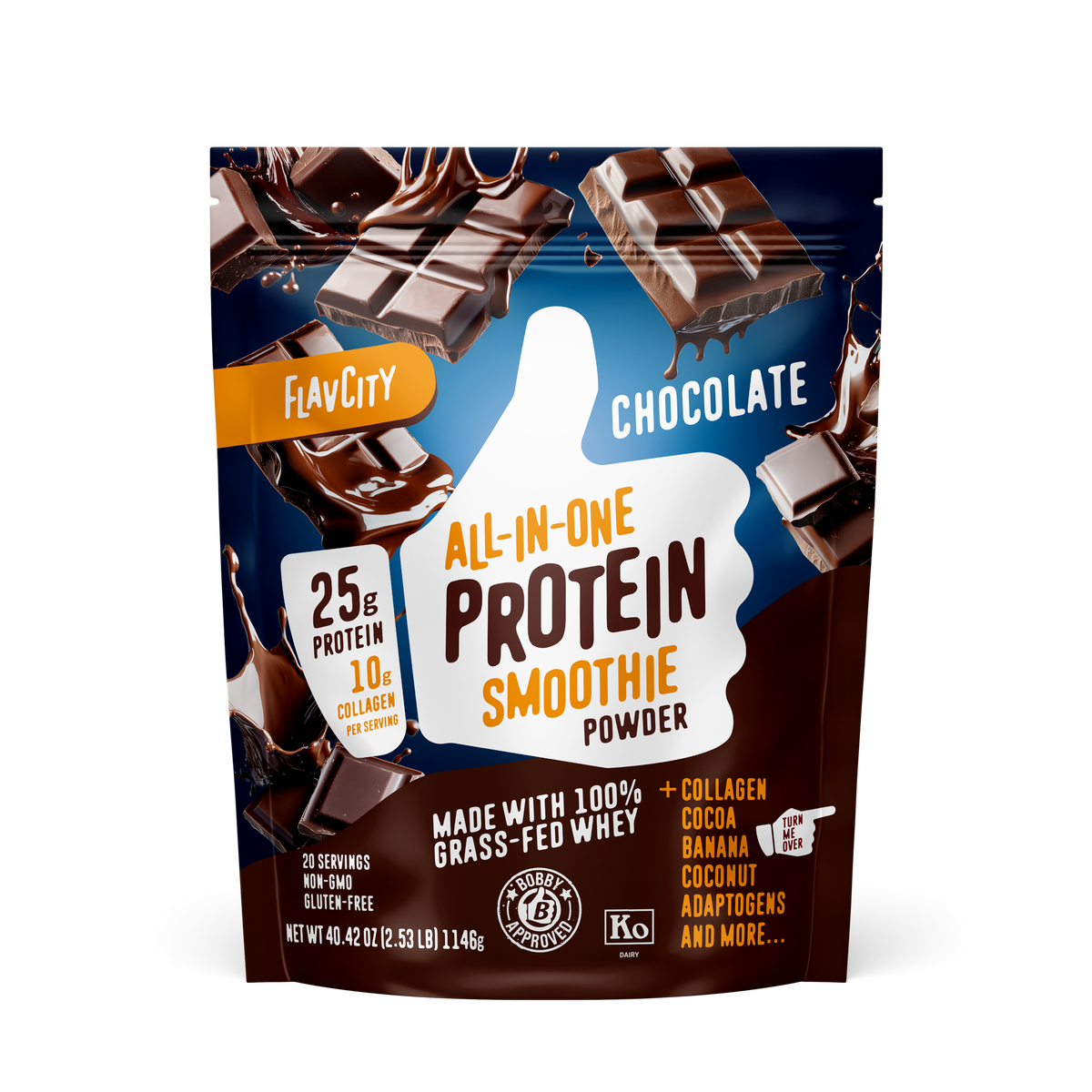 FlavCity chocolate protein smoothie powder package front with breaking chocolate bars imagery. Features 25g protein, 10g collagen per serving, made with grass-fed whey and cocoa on dark blue background with chocolate splash effects.