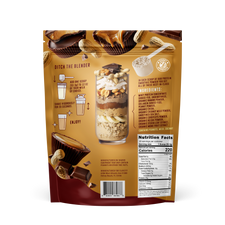 Back of FlavCity Chocolate Peanut Butter protein powder package showing nutritional information, mixing instructions with illustrated steps, and a layered smoothie glass presentation against a golden background
