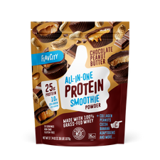 FlavCity All-in-One Protein Smoothie powder in Chocolate Peanut Butter flavor featuring 25g protein and 10g collagen per serving, with floating chocolate cups and peanuts against a golden-brown background