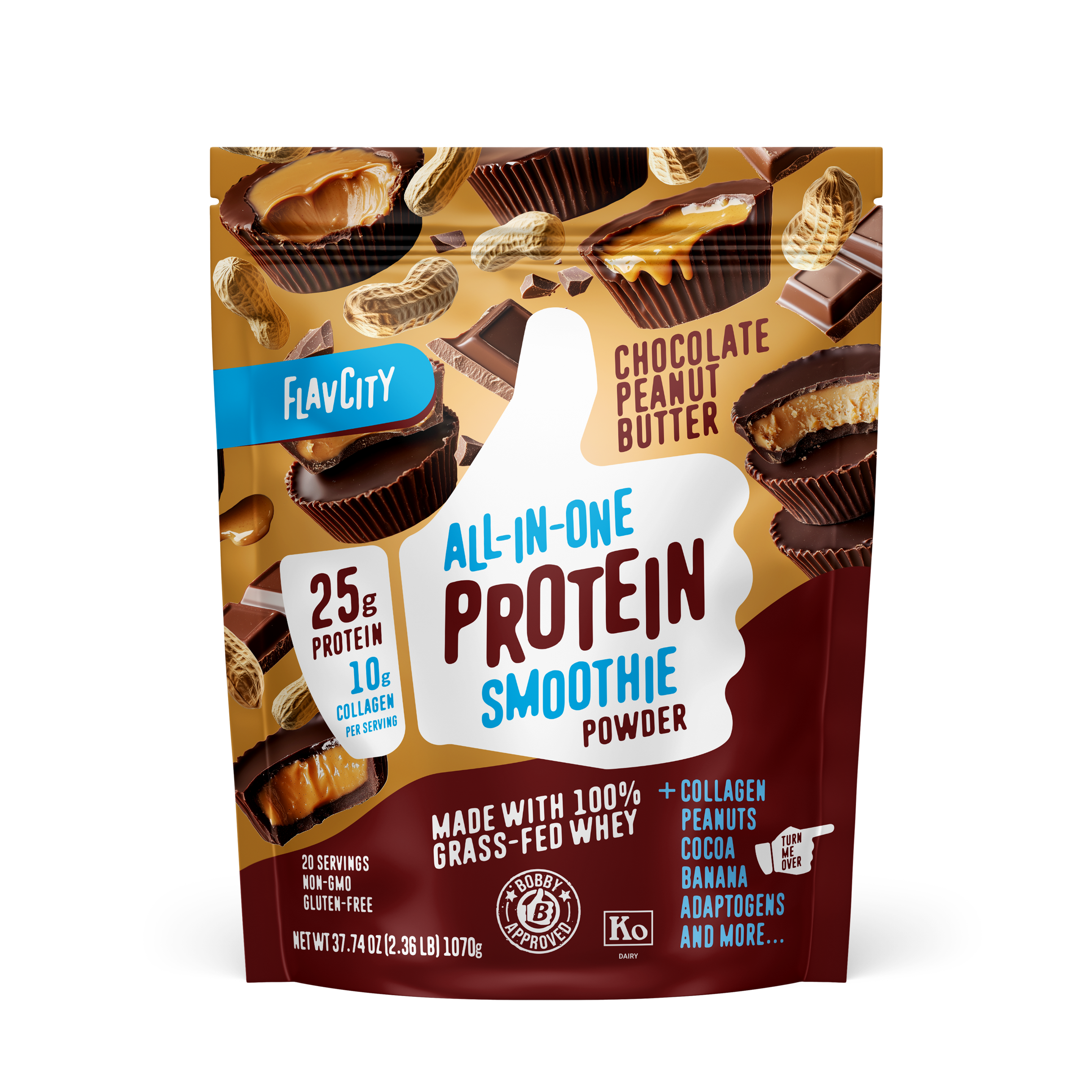 FlavCity All-in-One Protein Smoothie powder in Chocolate Peanut Butter flavor featuring 25g protein and 10g collagen per serving, with floating chocolate cups and peanuts against a golden-brown background