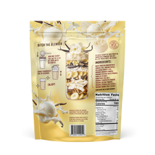 Back of FlavCity Vanilla Cream protein powder package displaying nutritional facts, simple mixing directions, and a decorative smoothie glass with banana slices and vanilla flowers against a creamy yellow background.