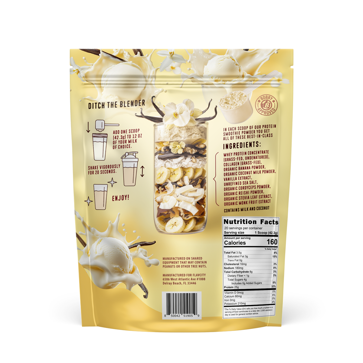 Back of FlavCity Vanilla Cream protein powder package displaying nutritional facts, simple mixing directions, and a decorative smoothie glass with banana slices and vanilla flowers against a creamy yellow background.