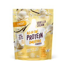 FlavCity All-in-One Protein Smoothie powder in Vanilla Cream flavor showcasing 25g protein and 10g collagen per serving, with vanilla beans and cream splashes against a soft yellow background