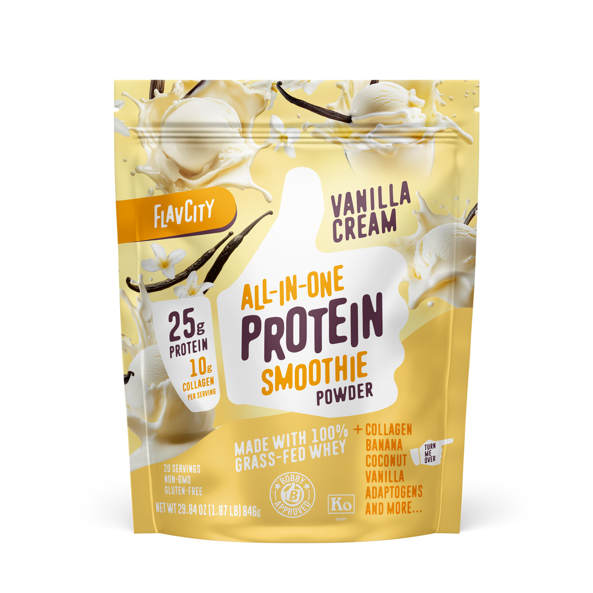 FlavCity All-in-One Protein Smoothie powder in Vanilla Cream flavor showcasing 25g protein and 10g collagen per serving, with vanilla beans and cream splashes against a soft yellow background