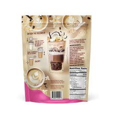 Back of FlavCity Vanilla Latte Protein Smoothie Powder package showing ingredients, usage instructions, and storage information.