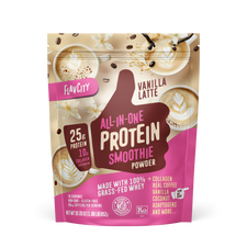 FlavCity Vanilla Latte Protein Smoothie Powder with 25g protein, 10g collagen, grass-fed whey, and vanilla coconut flavor in pink resealable pouch.