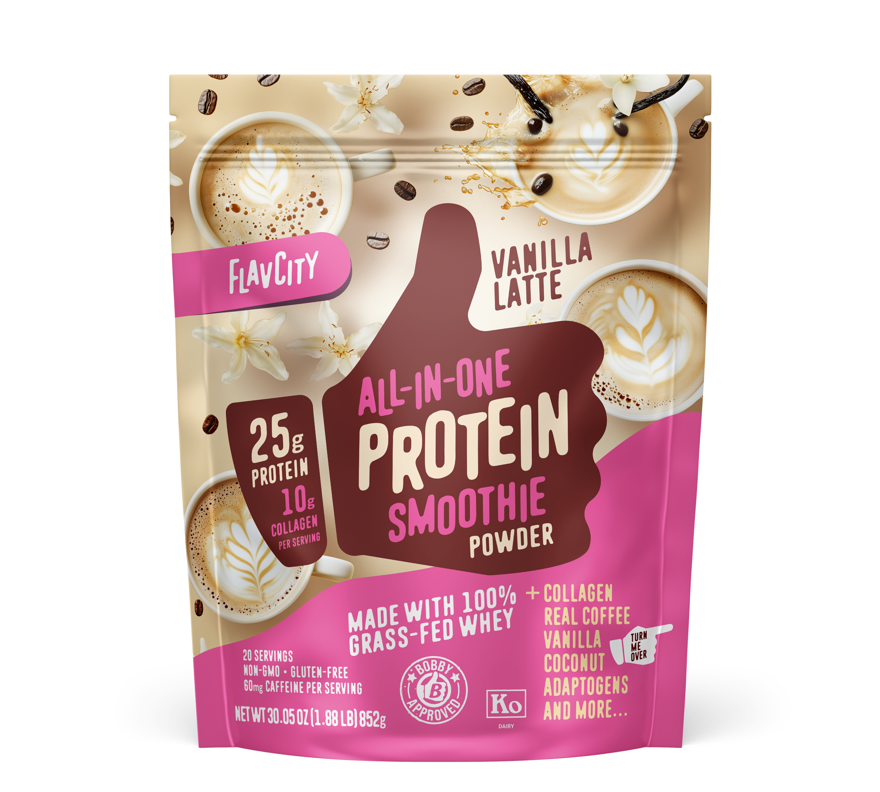 FlavCity Vanilla Latte Protein Smoothie Powder with 25g protein, 10g collagen, grass-fed whey, and vanilla coconut flavor in pink resealable pouch.