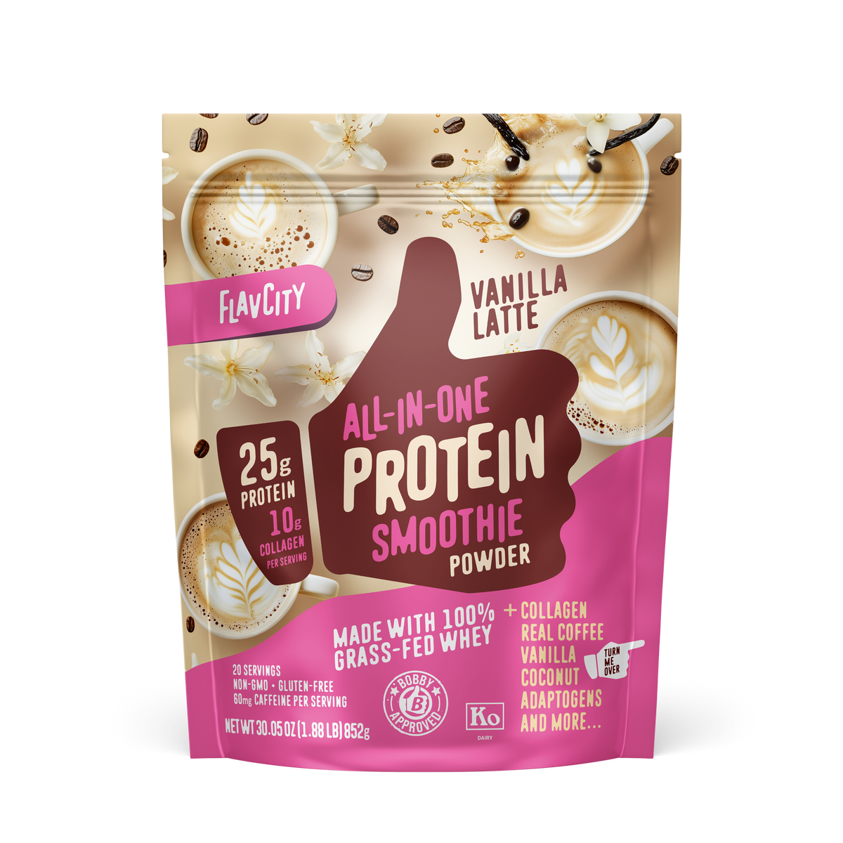 FlavCity Vanilla Latte Protein Smoothie Powder with 25g protein, 10g collagen, grass-fed whey, and vanilla coconut flavor in pink resealable pouch.