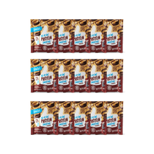 Three rows of Shop FlavCity Chocolate Peanut Butter Protein Smoothie packets, featuring red, brown, and white labels, are neatly arranged in a grid against a white background.