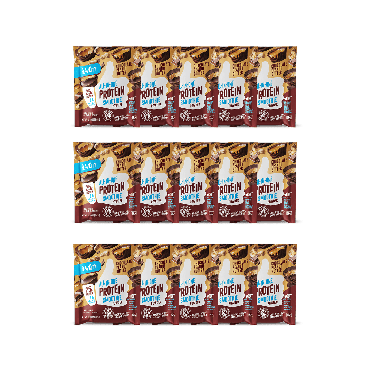 Three rows of Shop FlavCity Chocolate Peanut Butter Protein Smoothie packets, featuring red, brown, and white labels, are neatly arranged in a grid against a white background.
