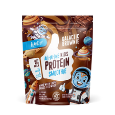 A bag of 'Galactic Brownie' flavored kids' protein smoothie powder, featuring a fun, space-themed design with brownies and stars on the front.