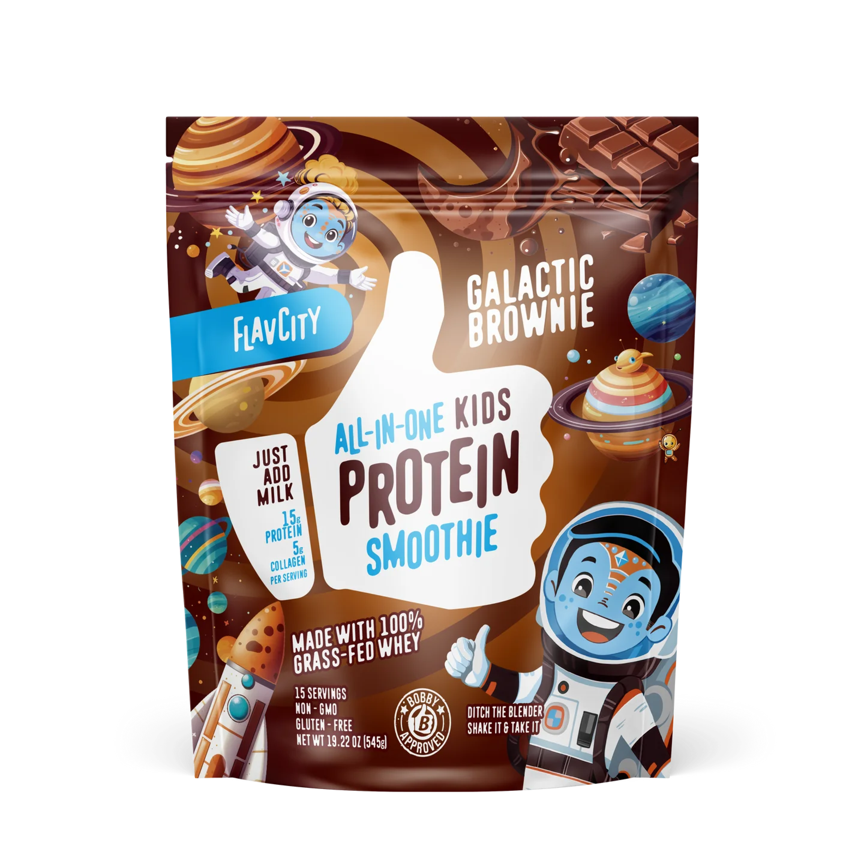 A bag of 'Galactic Brownie' flavored kids' protein smoothie powder, featuring a fun, space-themed design with brownies and stars on the front.