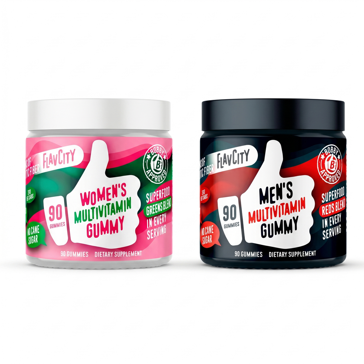 Two bottles of Shop FlavCity’s Family Wellness are side by side—Women's in a white container with pink accents and Men's in black with blue. Both include prebiotic fiber.